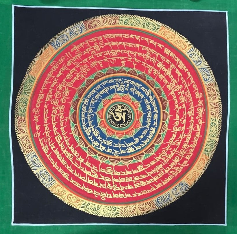 Sacred OM Mantra Mandala: Hand-Painted Tibetan Thangka with Gold Accents